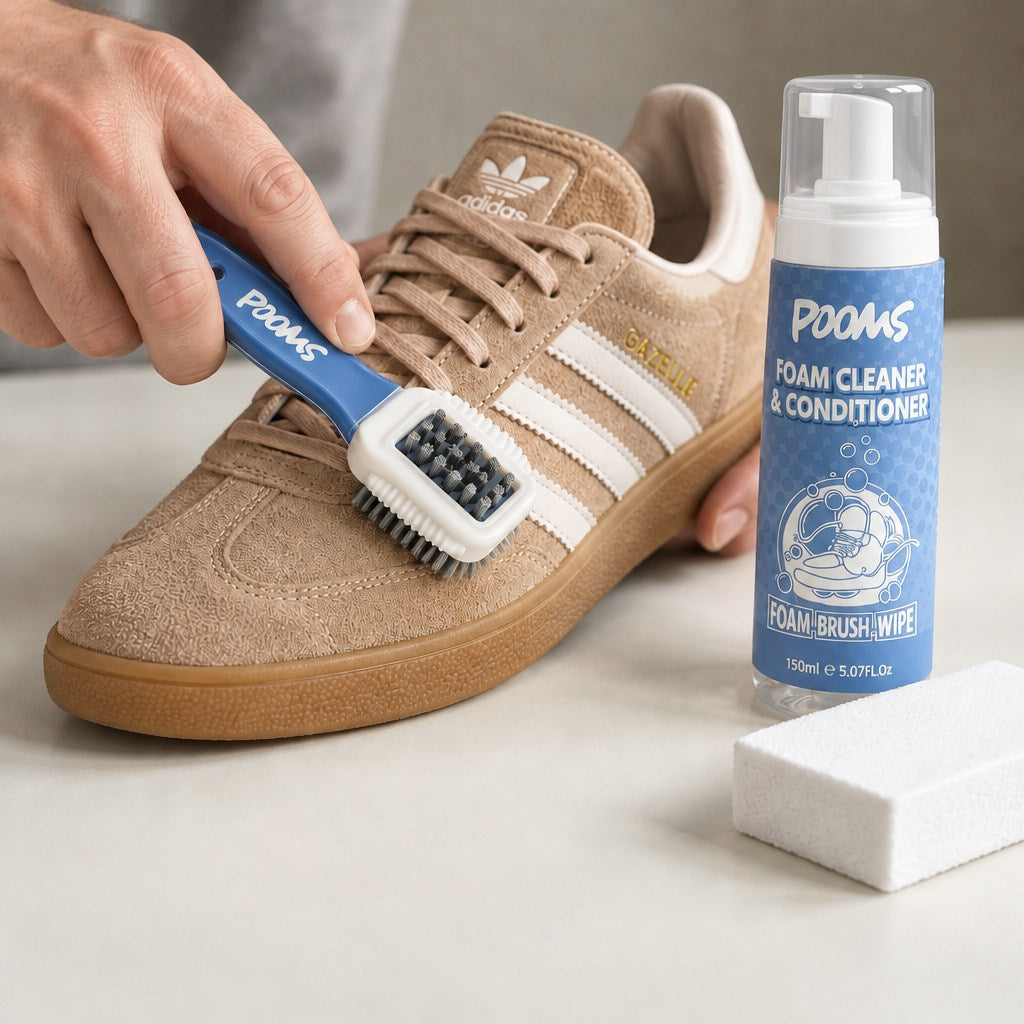Suède sneaker schoonmaken met de POOMS suède borstel
