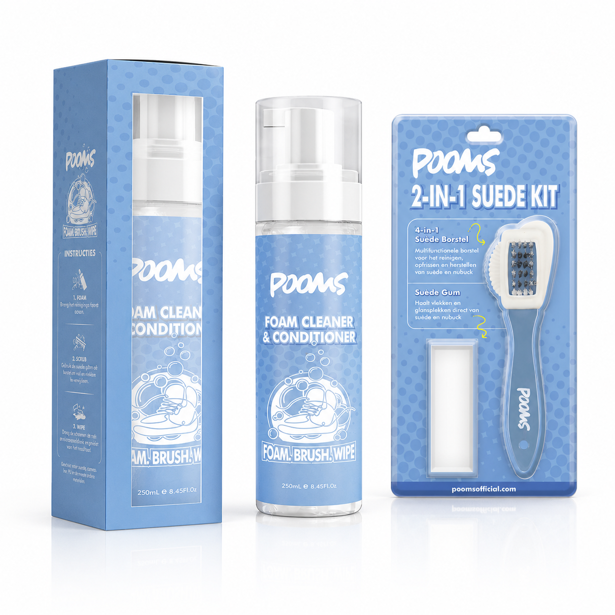 Pooms 2-in-1 Suède Reinigingsset + Foam Cleaner 250ml bundel