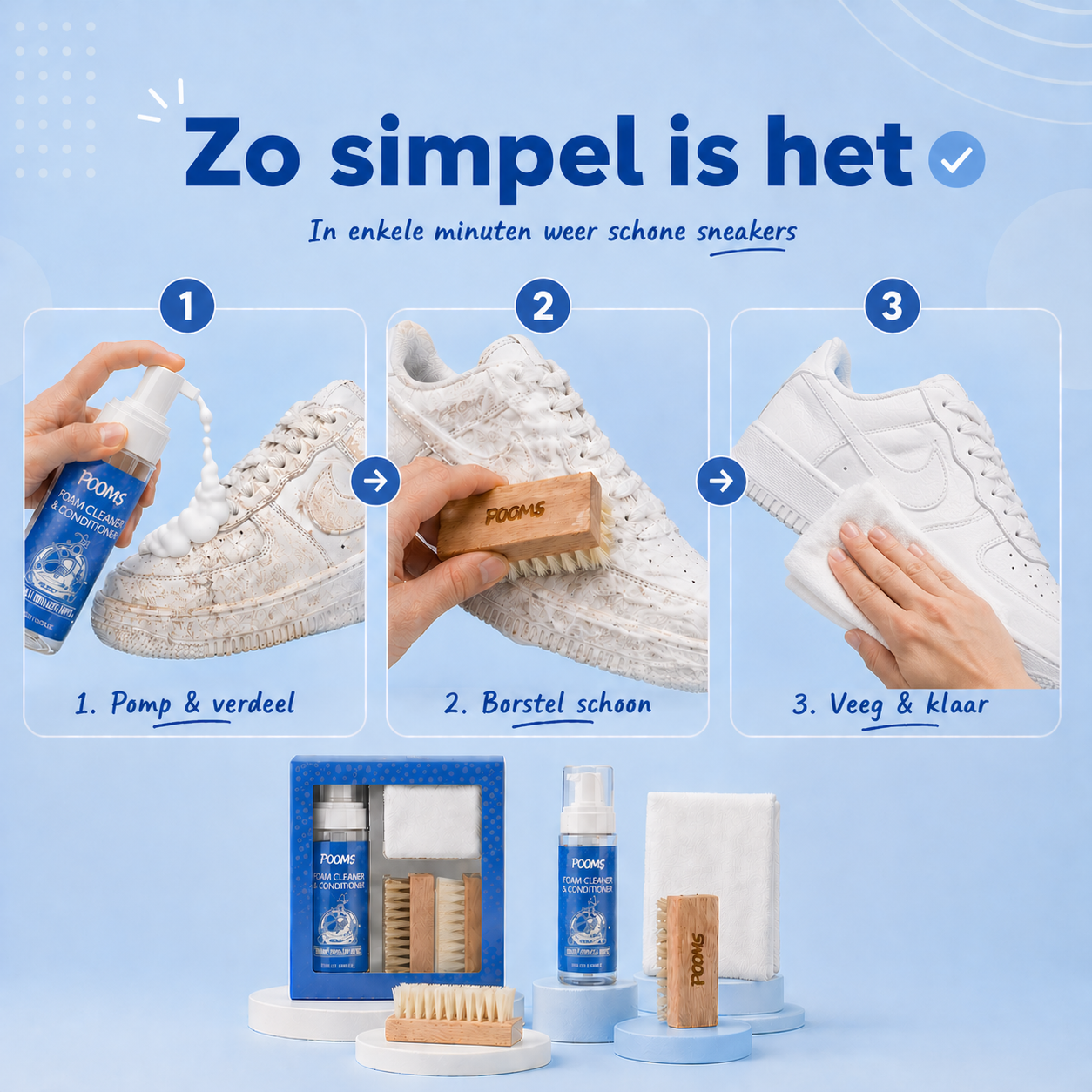 Sneakers reinigen in 3 stappen met Pooms foam cleaner