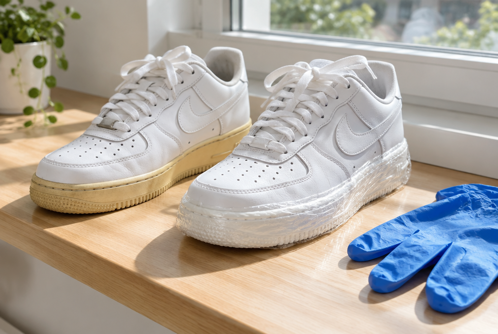 Witte sneaker met vergeelde zool naast een zool ingepakt in vershoudfolie in de zon