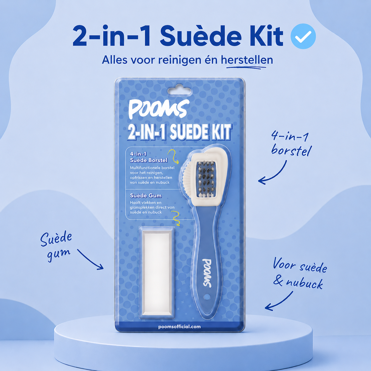 Inhoud Pooms 2-in-1 Suède Reinigingsset: borstel en gum