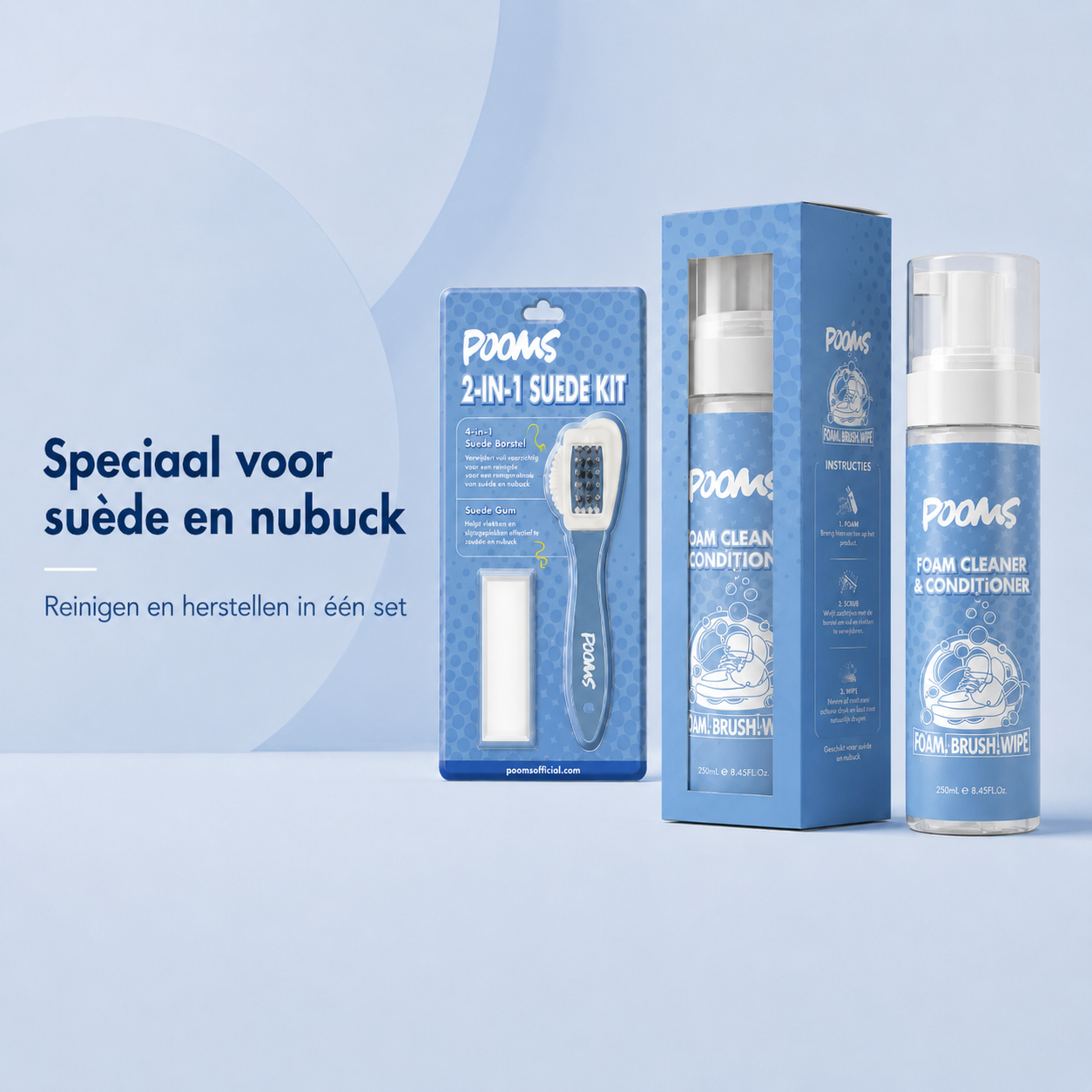 Pooms suède reinigingsset met 250ml foam cleaner navulling